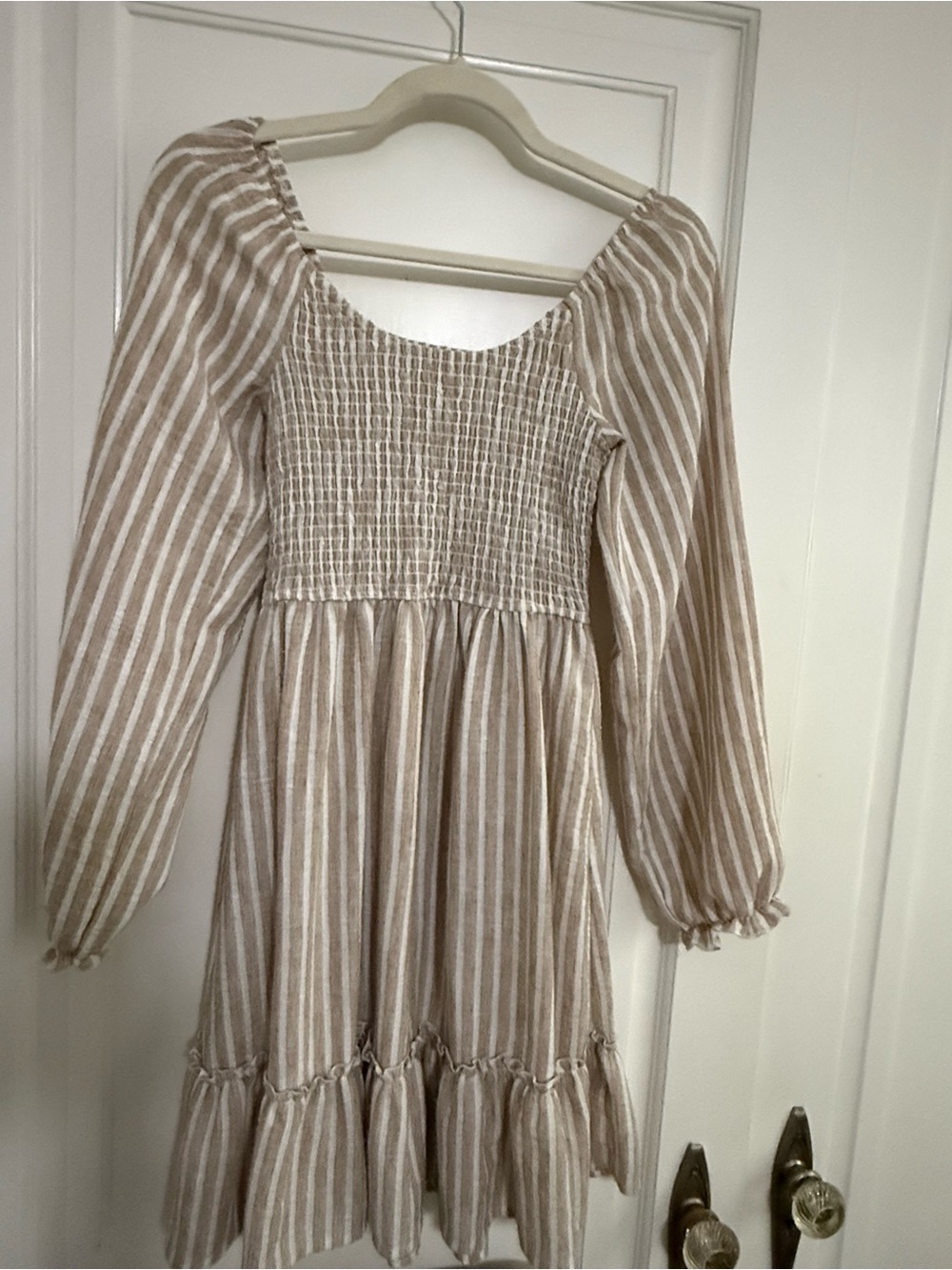 Beige & White Striped Smocked Casual Dress with Long Puff Sleeves